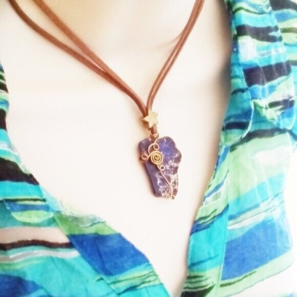 Wire Wrapped Dark Blue Sea Sediment Jasper Pendant! Faux Suede Cord + Star ~ 19" - Picture 9 of 10